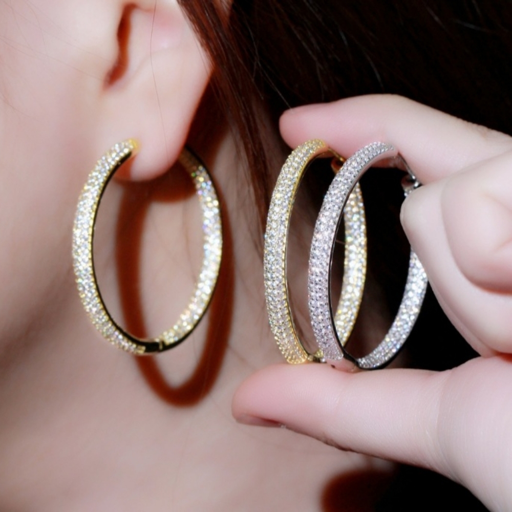 Gorgeous Micro-Pave Simulated Diamond In-Out Hoop Earring, 925 Sterling Post